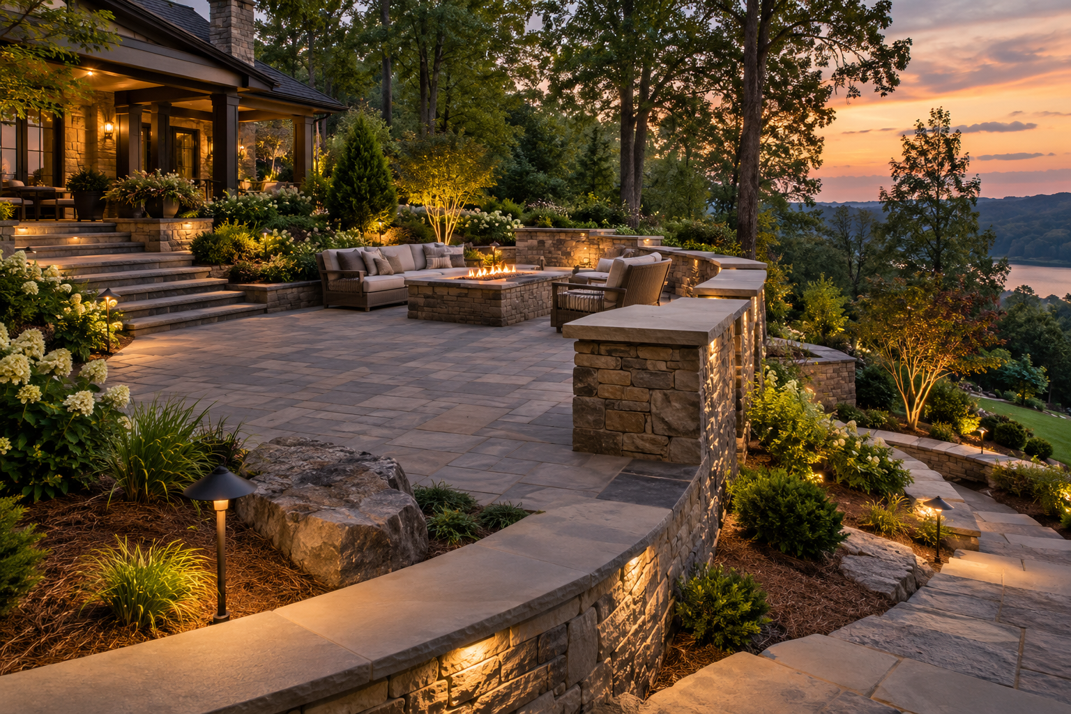 Stone patio, landscape lighting, and fire feature